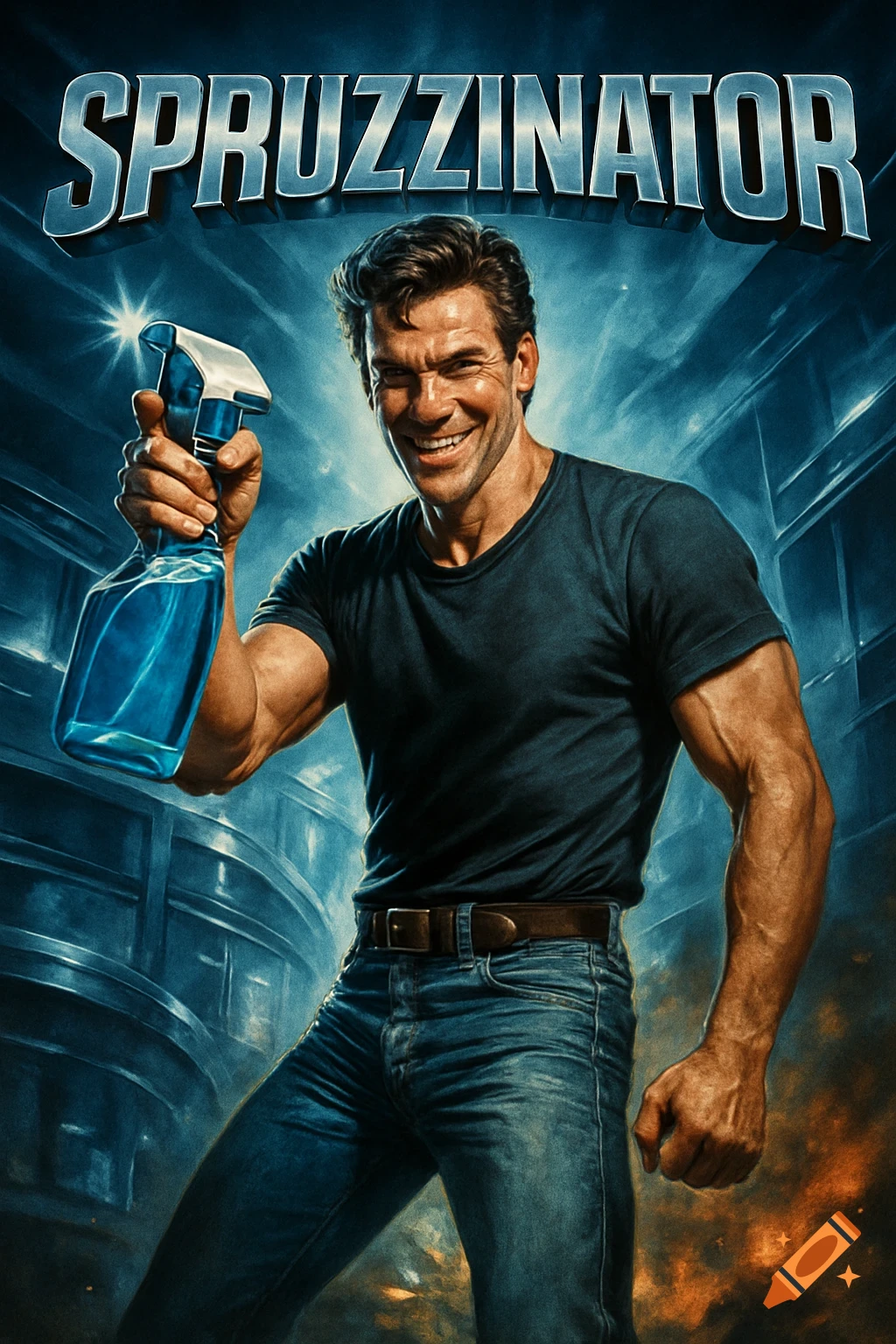 Grinning man holding a blue spray cleaner, like a movie poster titled 'Spruzzinator', with a dark, dynamic background.