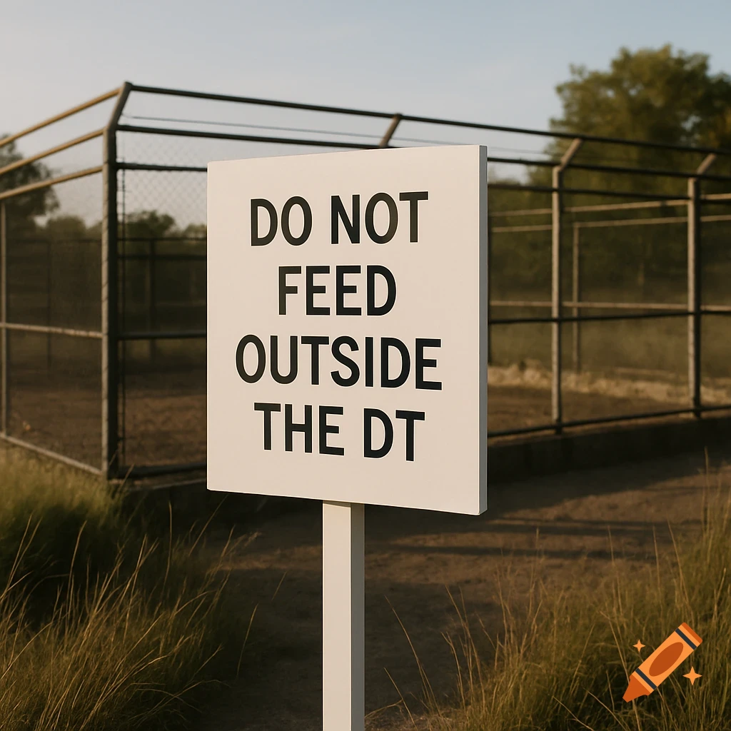A white sign with black text 'DO NOT FEED OUTSIDE THE DT' stands in tall grass in front of a metal fenced enclosure on a sunny day.