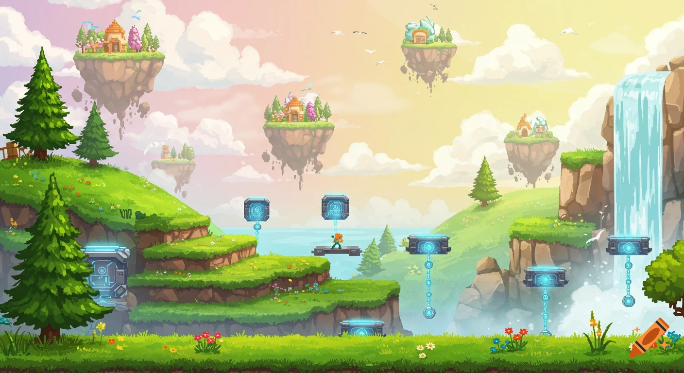 A vibrant cartoon-style platform game background with floating islands, lush green hills, a waterfall, and glowing futuristic platforms.