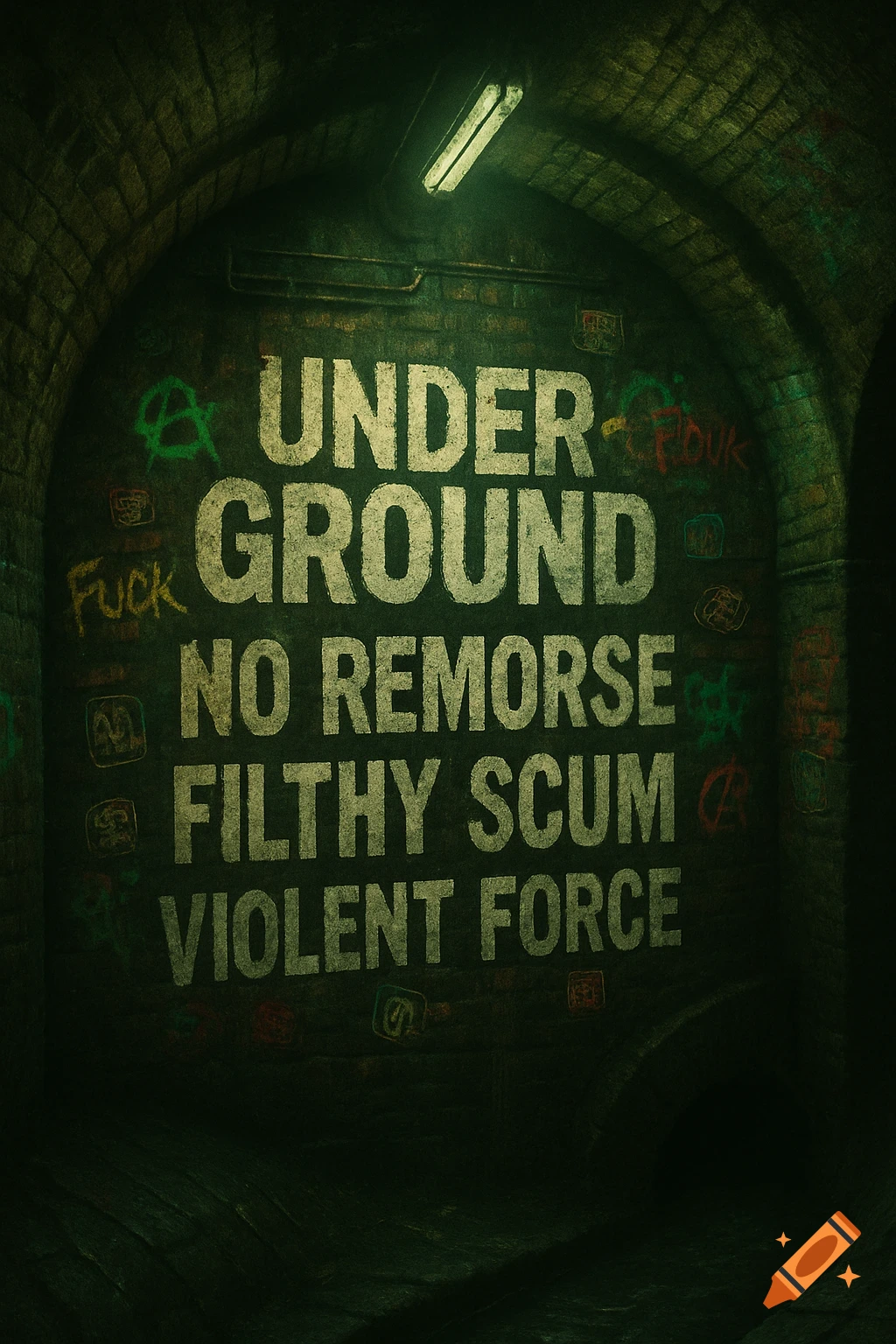 A dark, grungey underground tunnel with arched brick walls. A single fluorescent light illuminates graffiti on the wall, reading "UNDERGROUND NO REMORSE FILTHY SCUM VIOLENT FORCE" in white capital letters, with additional green and yellow graffiti including "FUCK".