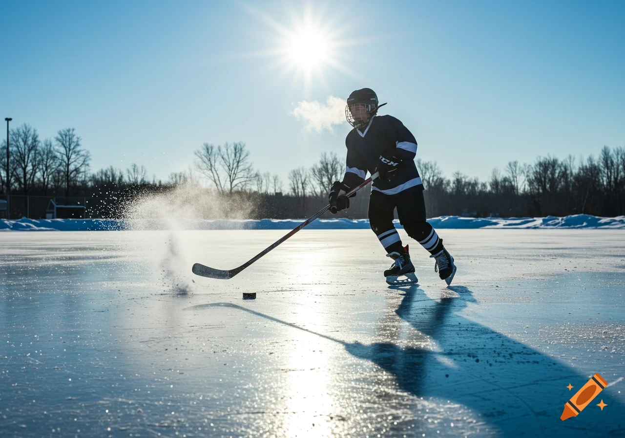 A hockey player on an outdoor rink, hitting a puck and kicking up ice spray under a bright sun.