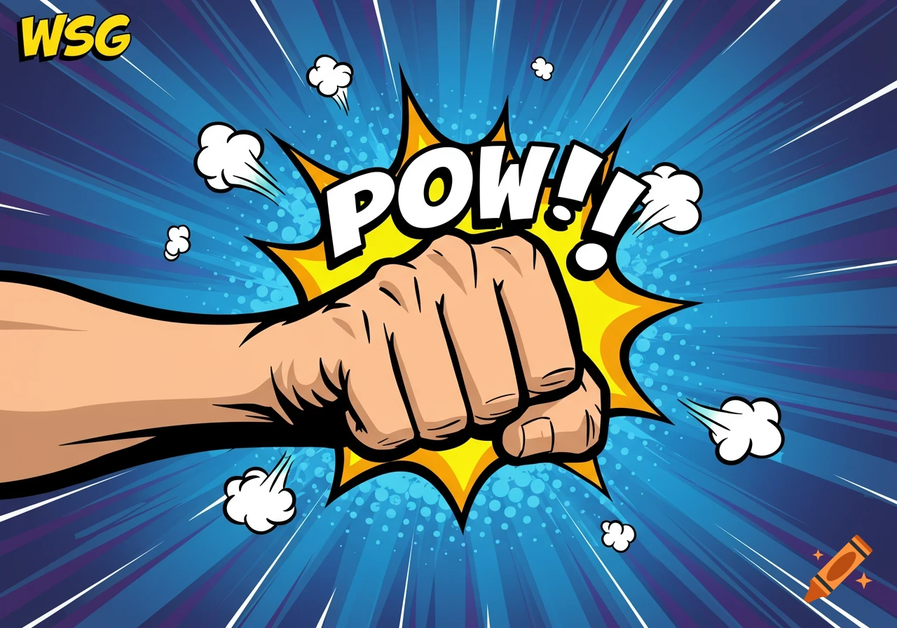 Comic book style illustration of a closed fist punching, with a yellow starburst containing "POW!" text and a "WSG" logo on a blue radial background.
