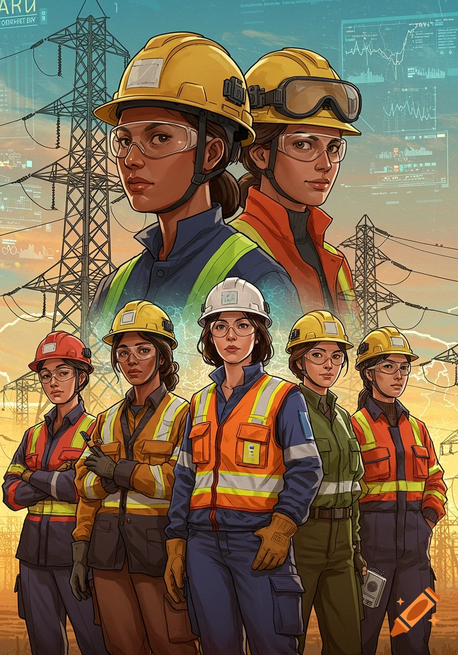 Digital illustration of women engineers in hard hats and safety gear standing in front of power lines and data screens.