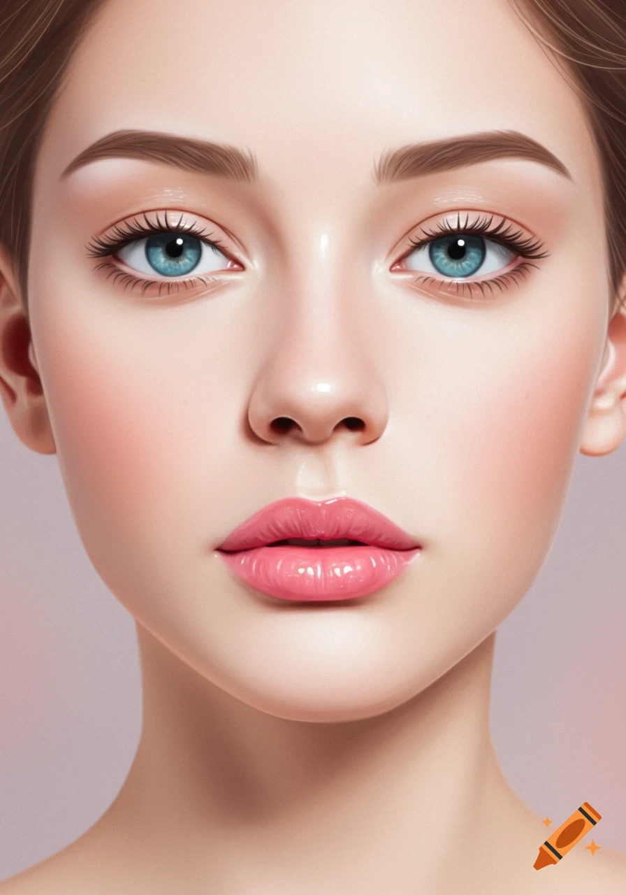 Close-up of a woman's face with fair skin, bright blue eyes, and glossy pink lips.