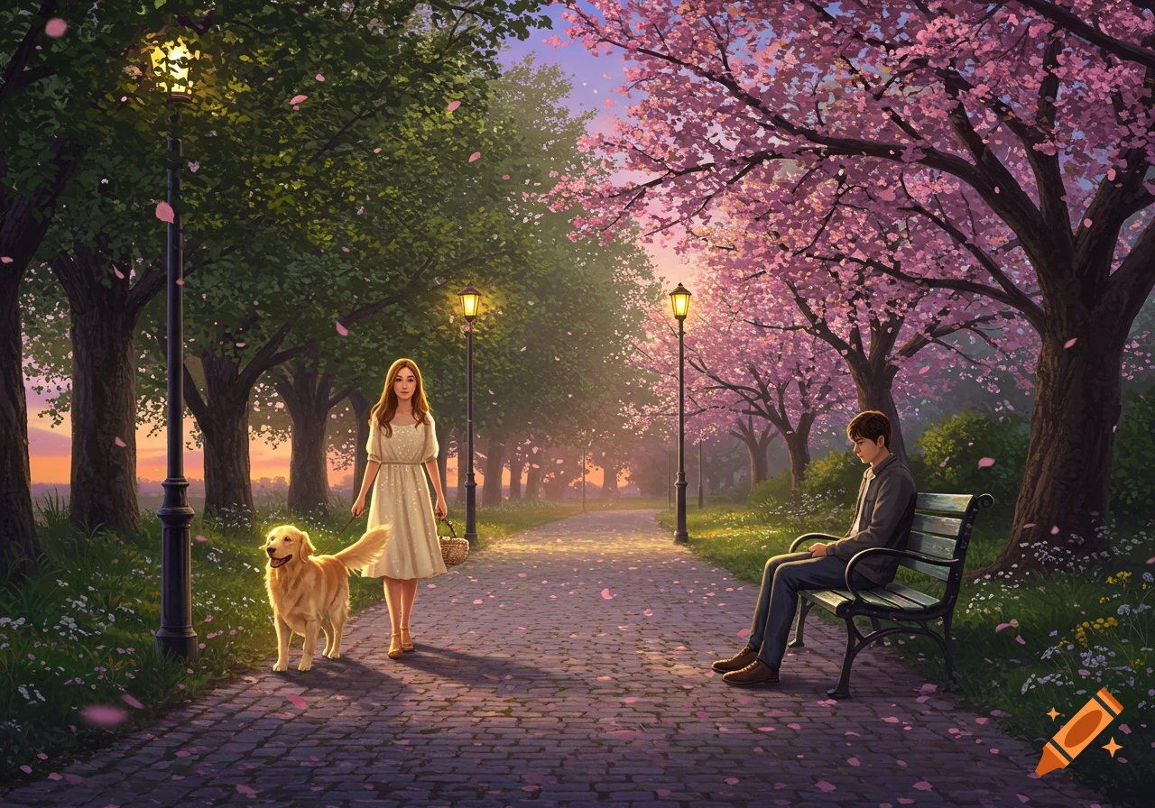 An illustration of a woman walking a golden retriever on a path in a park with cherry blossoms and a man sitting on a bench.