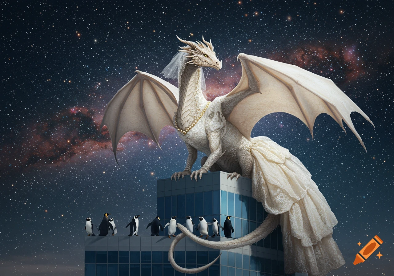 A majestic white dragon in a wedding dress perches on a skyscraper with penguins, against a photorealistic starry night sky with nebulae.