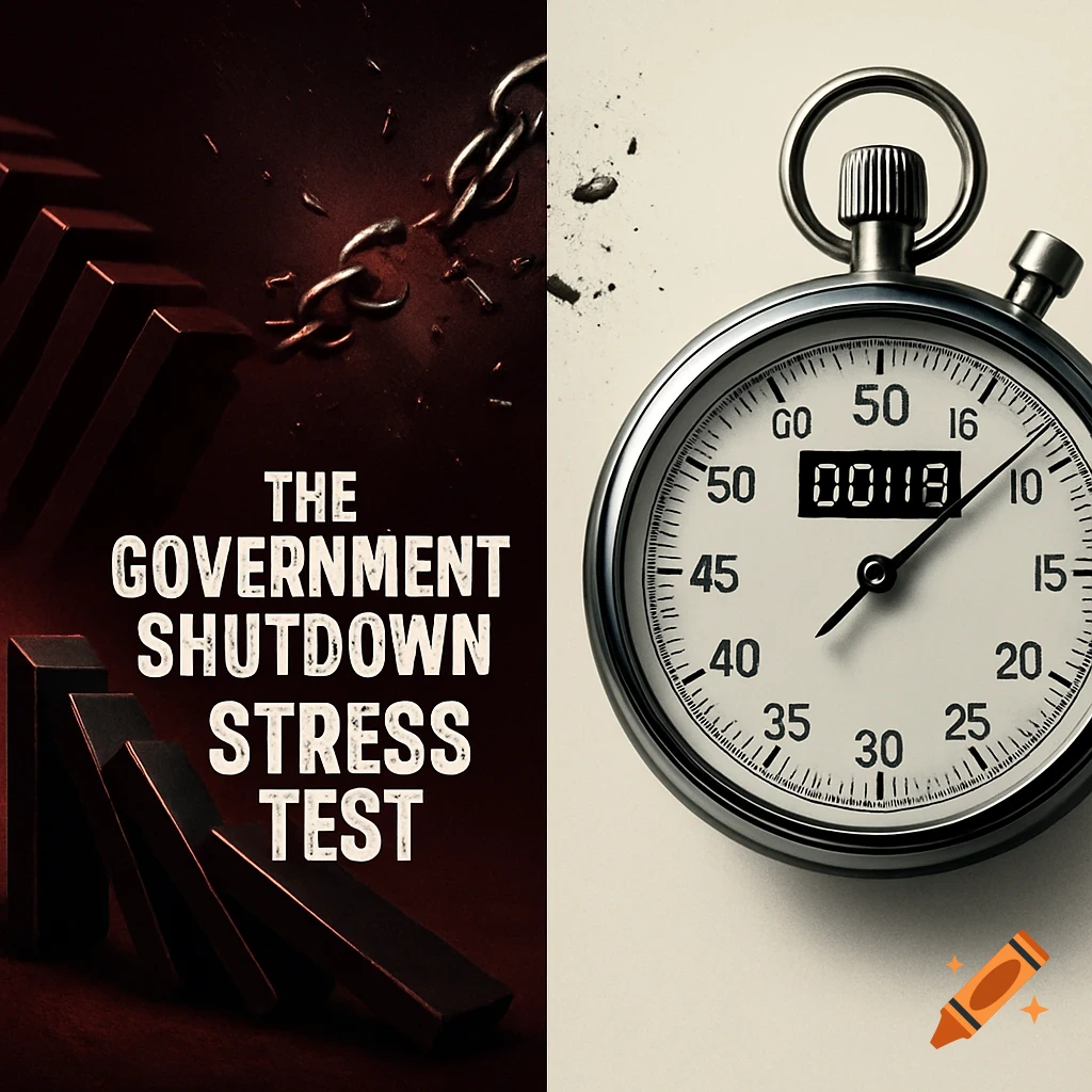 Split screen with text "THE GOVERNMENT SHUTDOWN STRESS TEST" over falling dominoes and broken chains, next to a stopwatch.