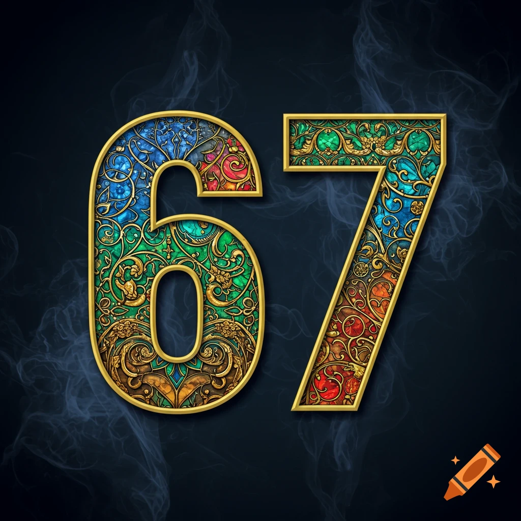 Ornate golden numbers '67' filled with colorful, intricate patterns on a dark, smoky background.