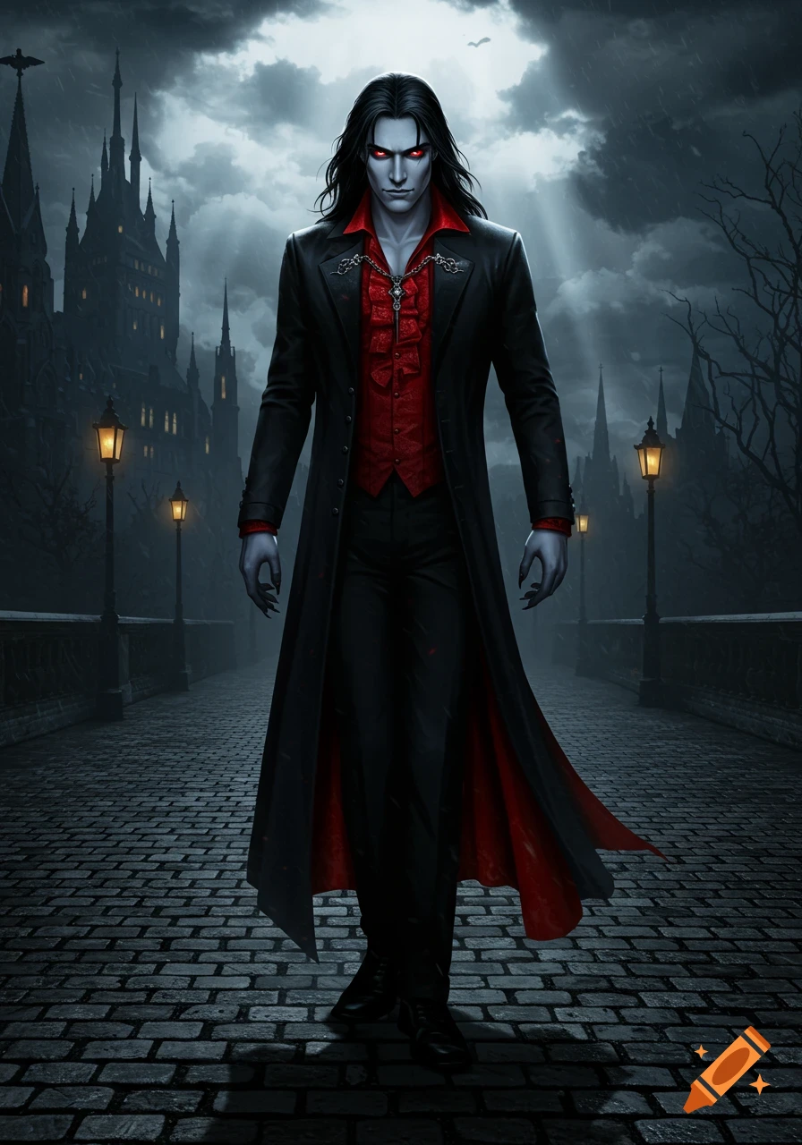 A pale vampire man with long black hair, red eyes, black coat, red shirt, walks on a cobblestone path before a gothic castle at night.