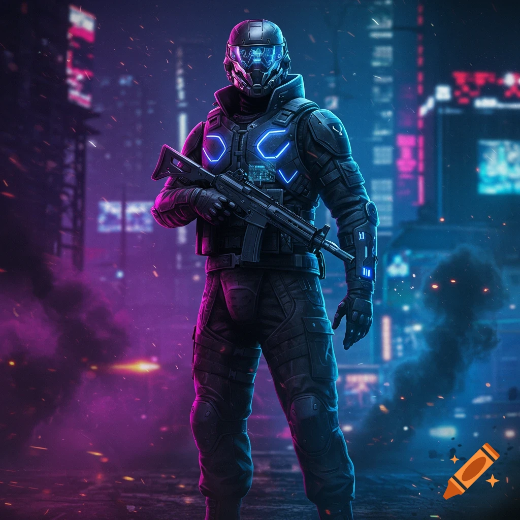 A futuristic soldier in black armor with neon blue lights holds a rifle in a cyberpunk city at night.