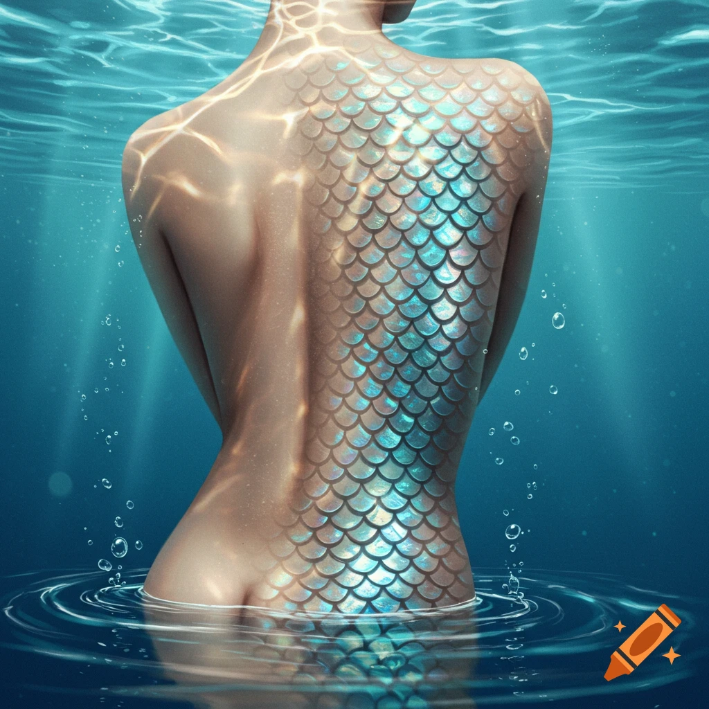 Close-up of a woman's back with iridescent fish scales merging into skin, partly submerged in blue water with dappled light.