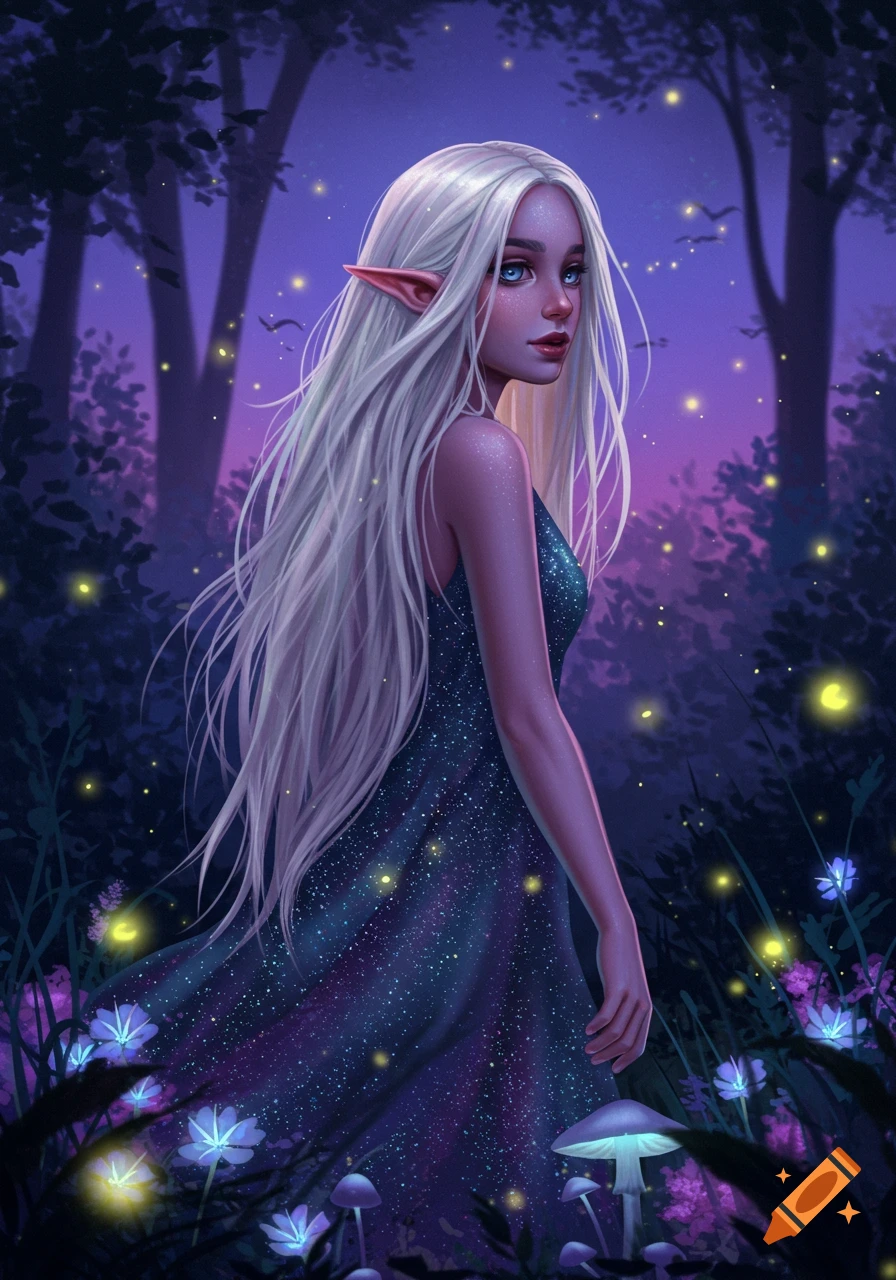 Digital art of a white-haired elf woman in a sparkling dress, walking through a magical forest at night with glowing flowers and fireflies.