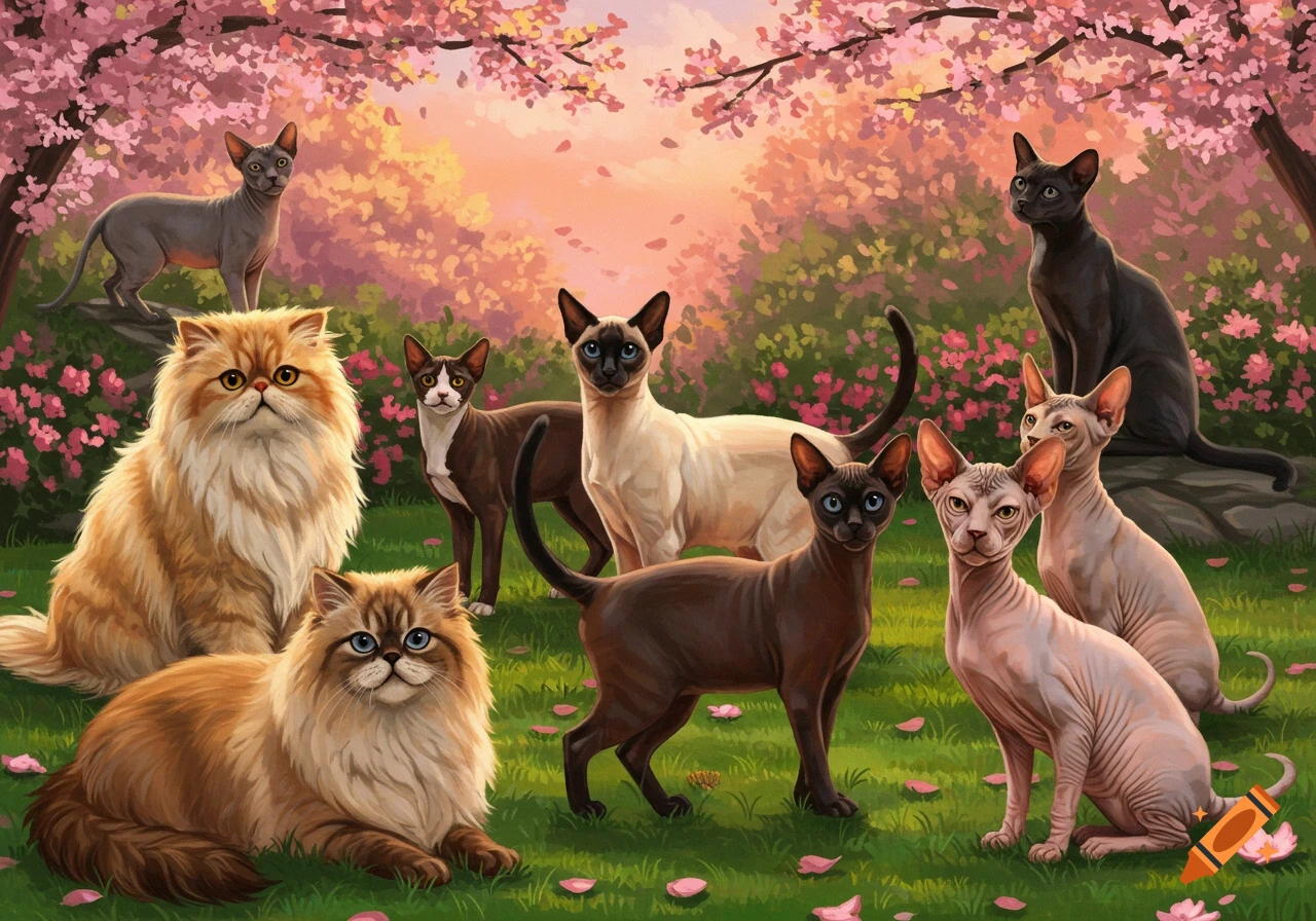 Multiple cat breeds including Persians, Siamese, and Sphynx cats in a vibrant spring garden with cherry blossoms, painted style.