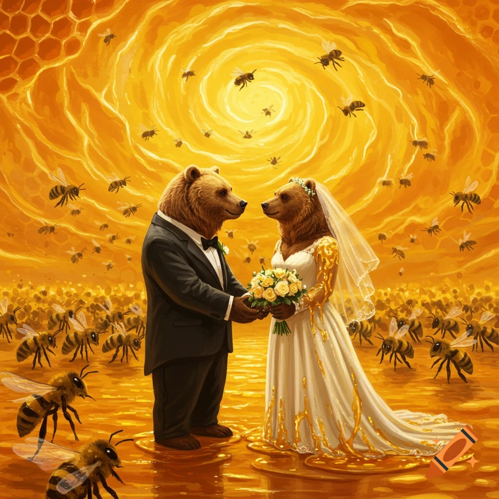 Two anthropomorphic bears, dressed in wedding attire, hold hands in a honey-filled landscape swarming with bees, under a honeycombed sky.