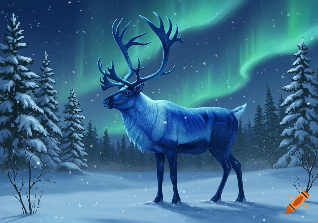 An illustrated blue caribou with large antlers stands in a snowy forest under green aurora borealis.