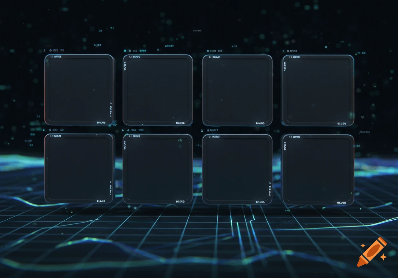 Eight dark, rounded empty inventory slots in two rows of four, set against a glowing blue and green futuristic digital background.