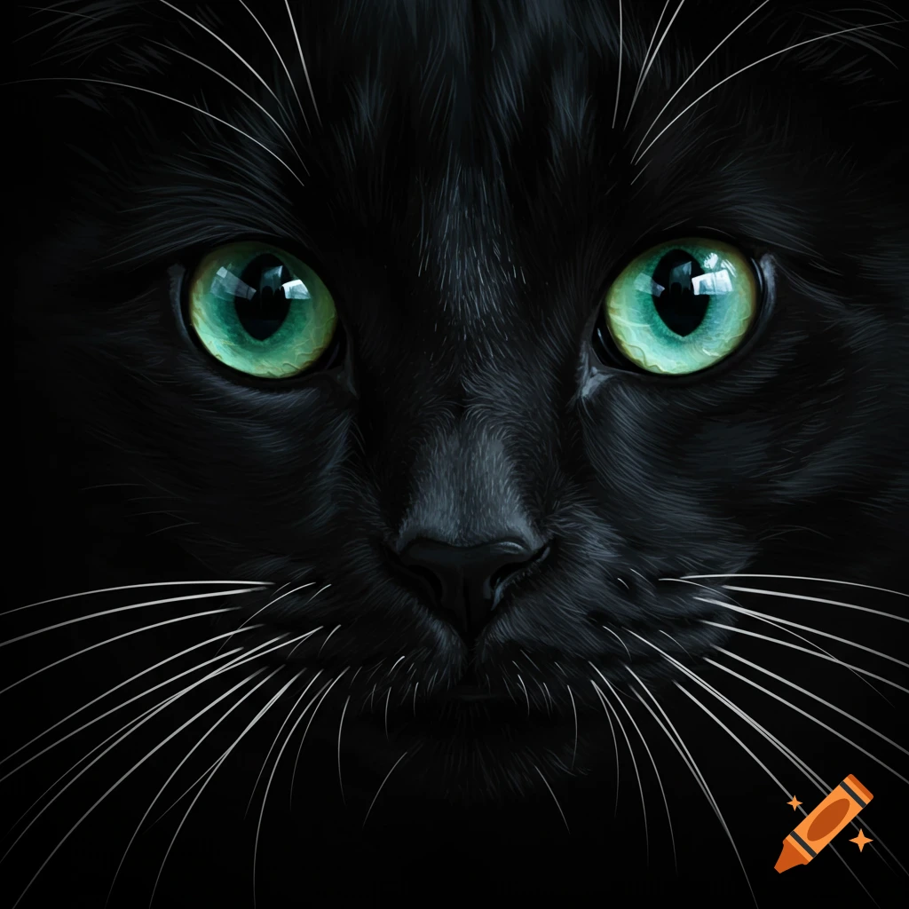 A close-up of a black cat's face with bright green eyes and white whiskers against a dark background, in a high-contrast style.