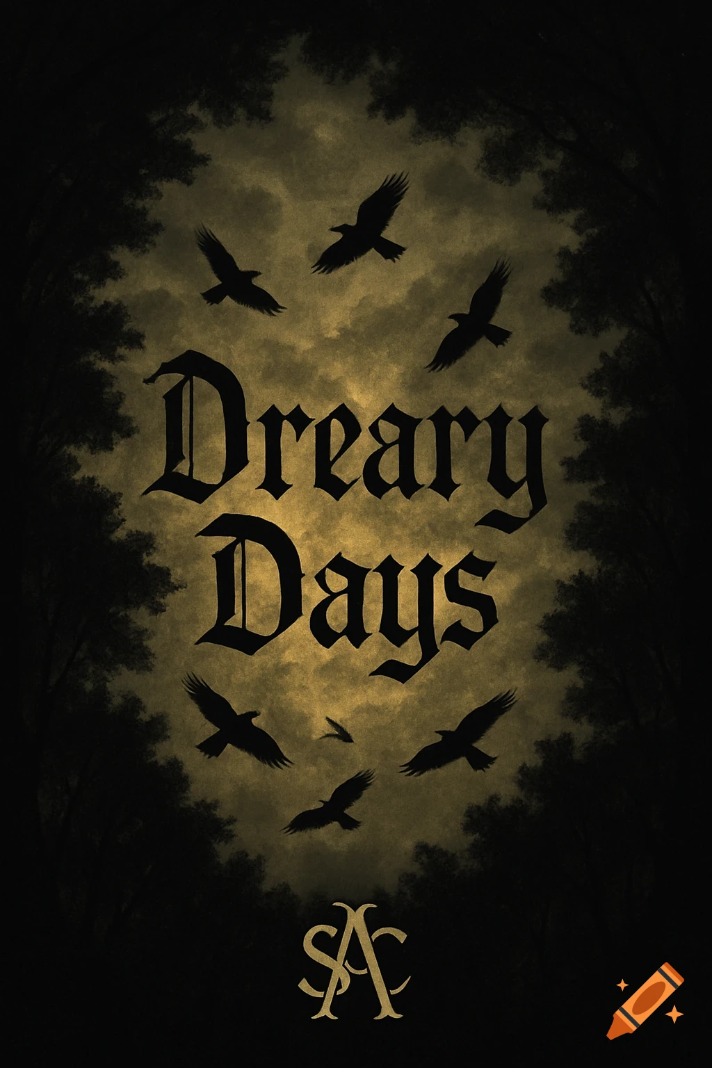 Gothic book cover with 'Dreary Days' text, black crows flying in a stormy yellow sky framed by dark trees, and a gold 'SAC' monogram.
