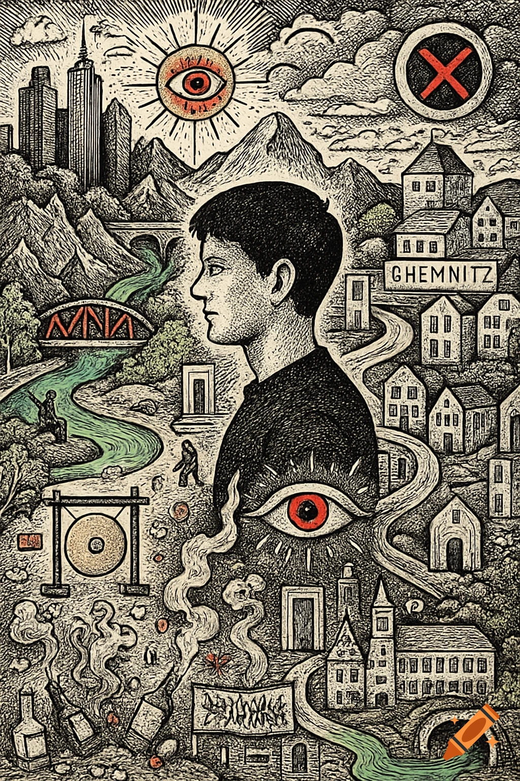 Detailed comic-style wimmelbild illustration with bold outlines. Features a young man's silhouette amidst mountains, a city, a town, a river, and various symbolic elements like eyes, doors, and a gong. Text reads 'CHEMNITZ' and 'MNA', with some unreadable script and an X symbol.