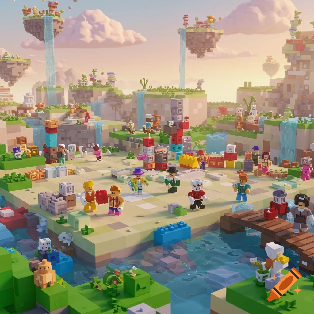 A colorful, blocky voxel art world, resembling Roblox, with floating islands, waterfalls, and many small stylized figures.