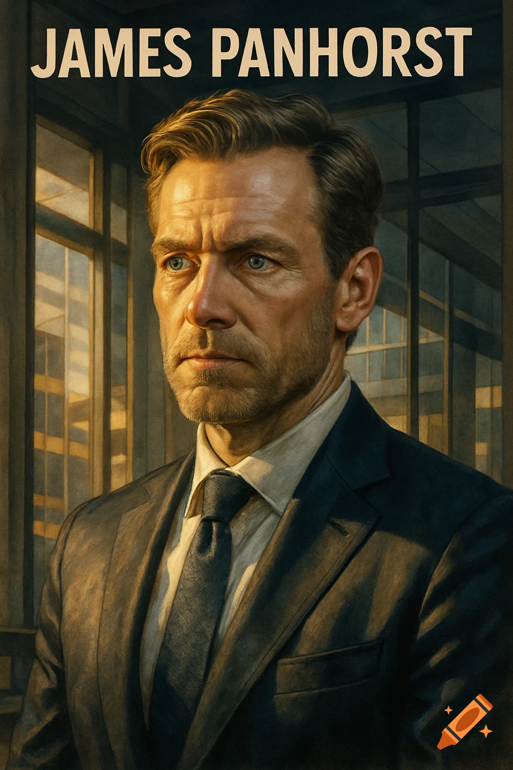 A hyperrealistic portrait of a serious man in a suit with blue eyes, named James Panhorst, standing by a sunlit window.