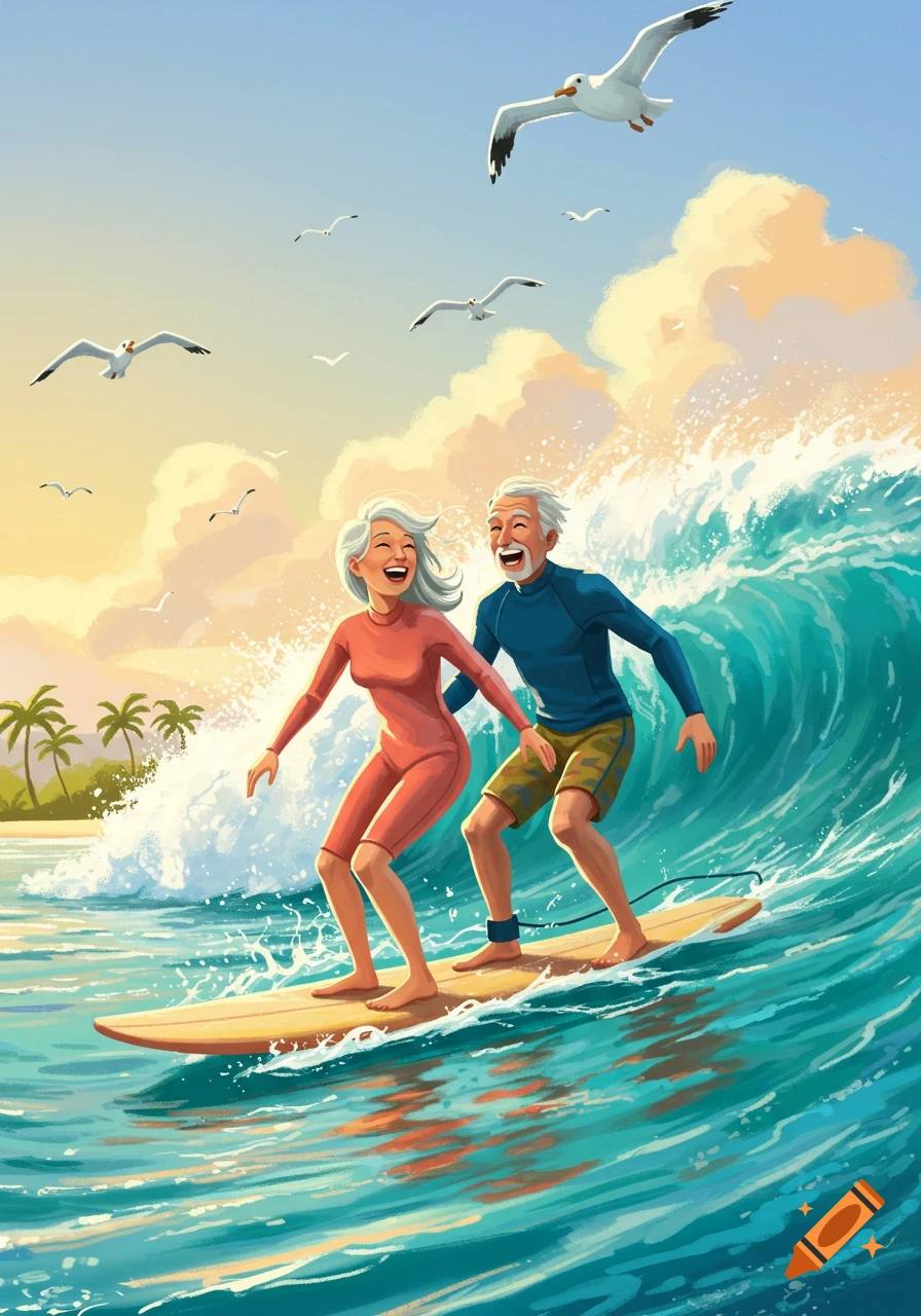 Animated illustration of a happy elderly couple surfing a large wave, with seagulls flying over a sunny beach.