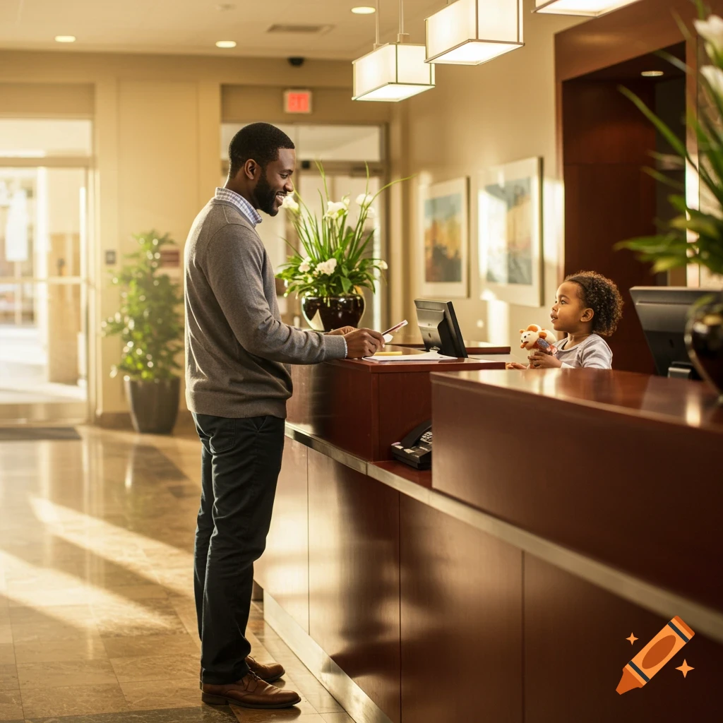 A man and a child stand at a wooden counter in a bright, modern lobby.