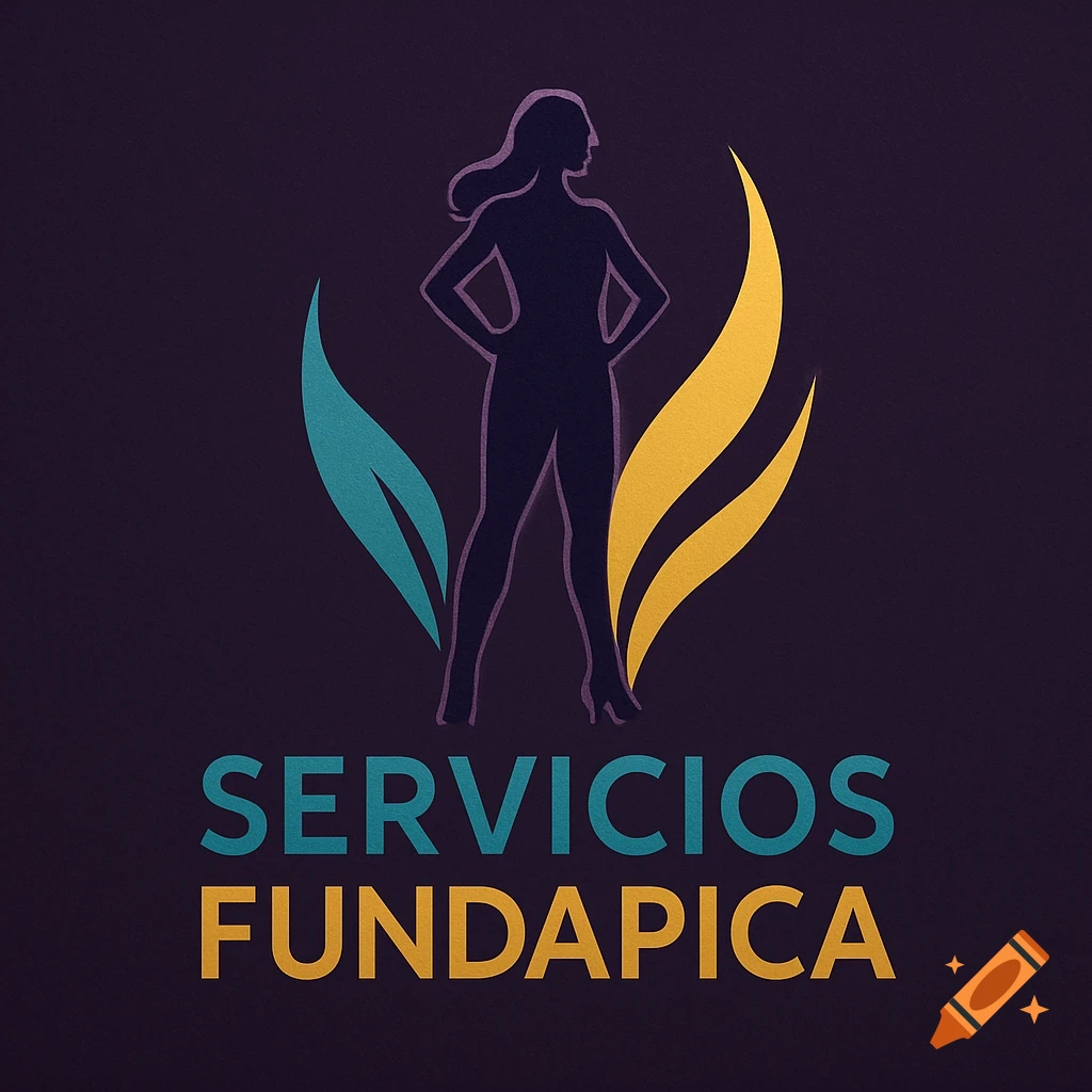 Logo featuring a dark silhouette of a woman with hands on hips, flanked by a teal leaf and gold flame shape, with 'SERVICIOS FUNDAPICA' text.