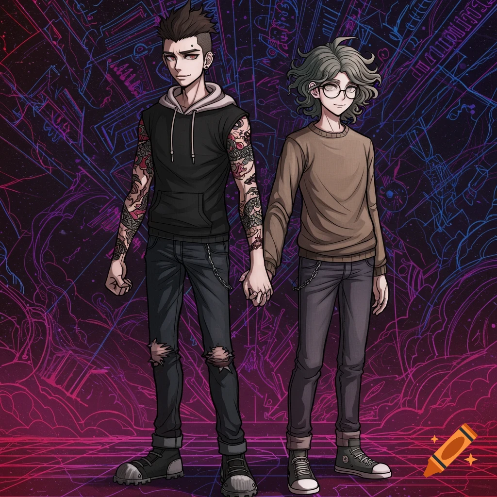 Two young men in Danganronpa anime style holding hands. The left has tattoos and ripped jeans, the right wears glasses and a sweater.