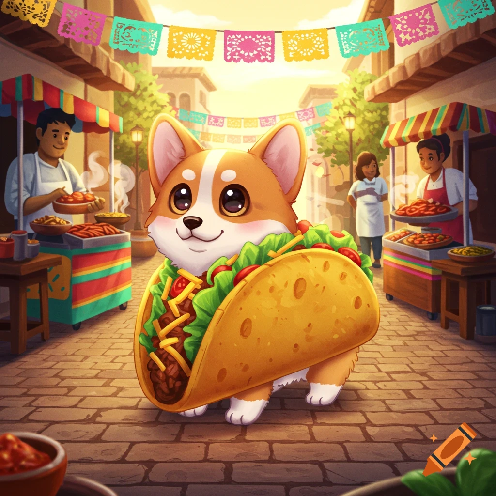 A cute chibi corgi in a taco costume walks through a vibrant outdoor food festival, with stalls and people in the background.