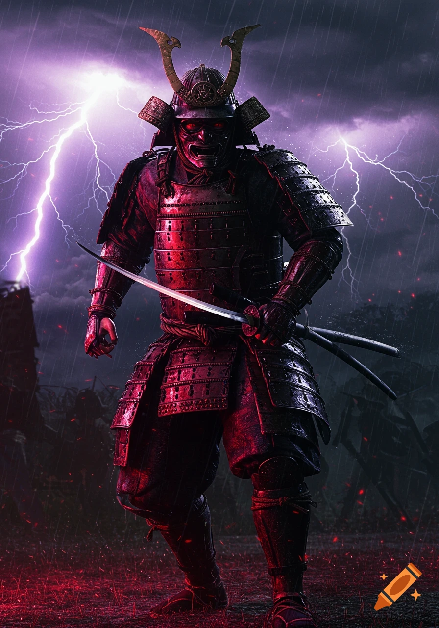 A menacing samurai in dark armor with glowing red eyes and a katana stands in a stormy night with purple lightning.