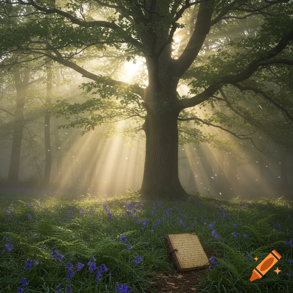 A sun-drenched forest scene features a large, ancient tree with light rays streaming through the misty canopy, illuminating a field of purple bluebells and a small open book on the ground. Photorealistic.