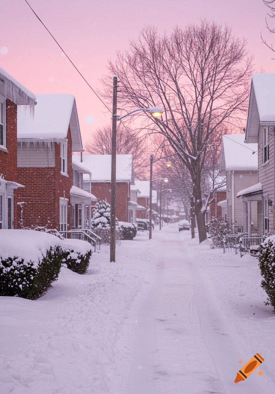 A snowy suburban street under a pink sunset sky, with houses, bare trees, and glowing streetlights.