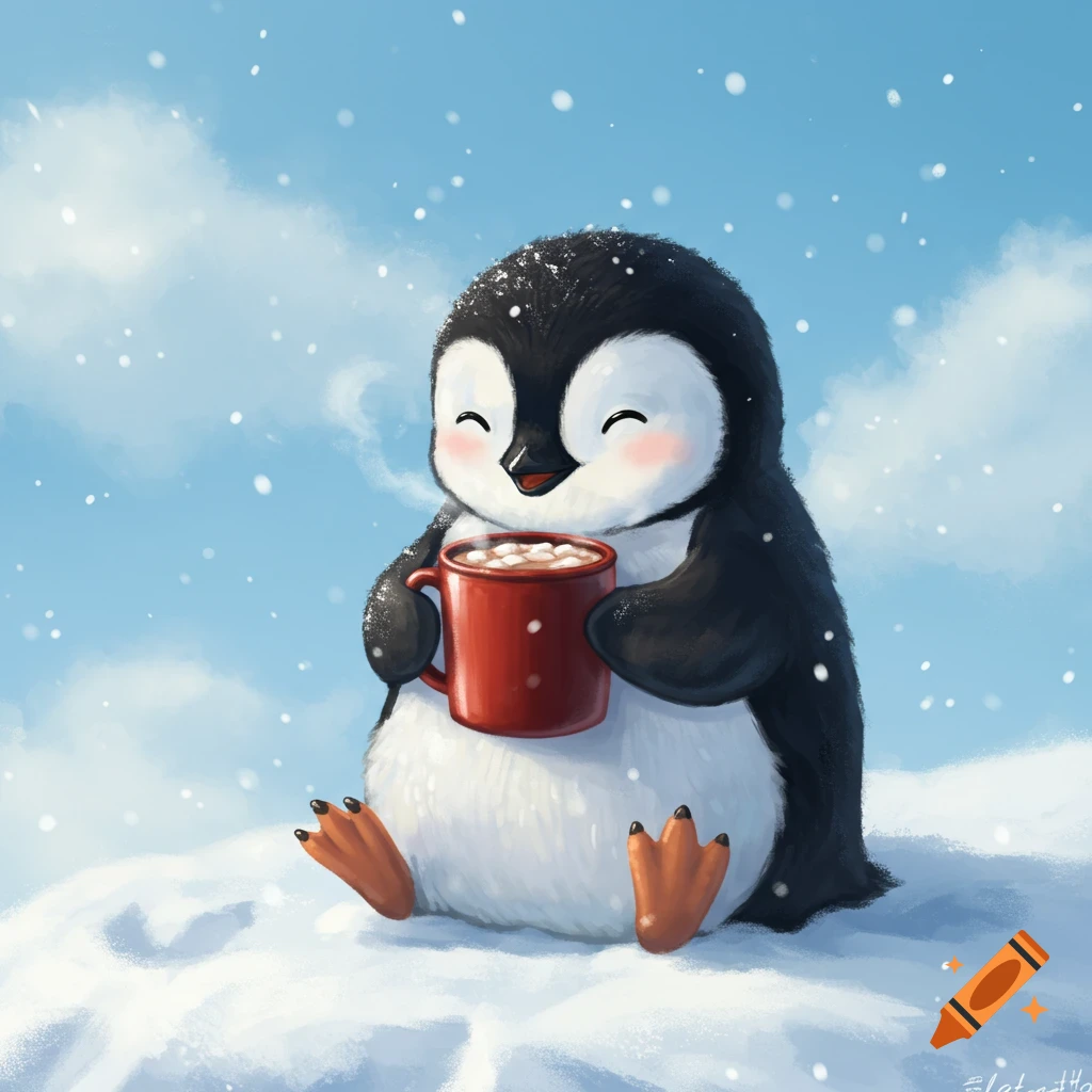 Chubby, happy cartoon penguin in snow, holding a steaming red mug of hot cocoa with marshmallows.