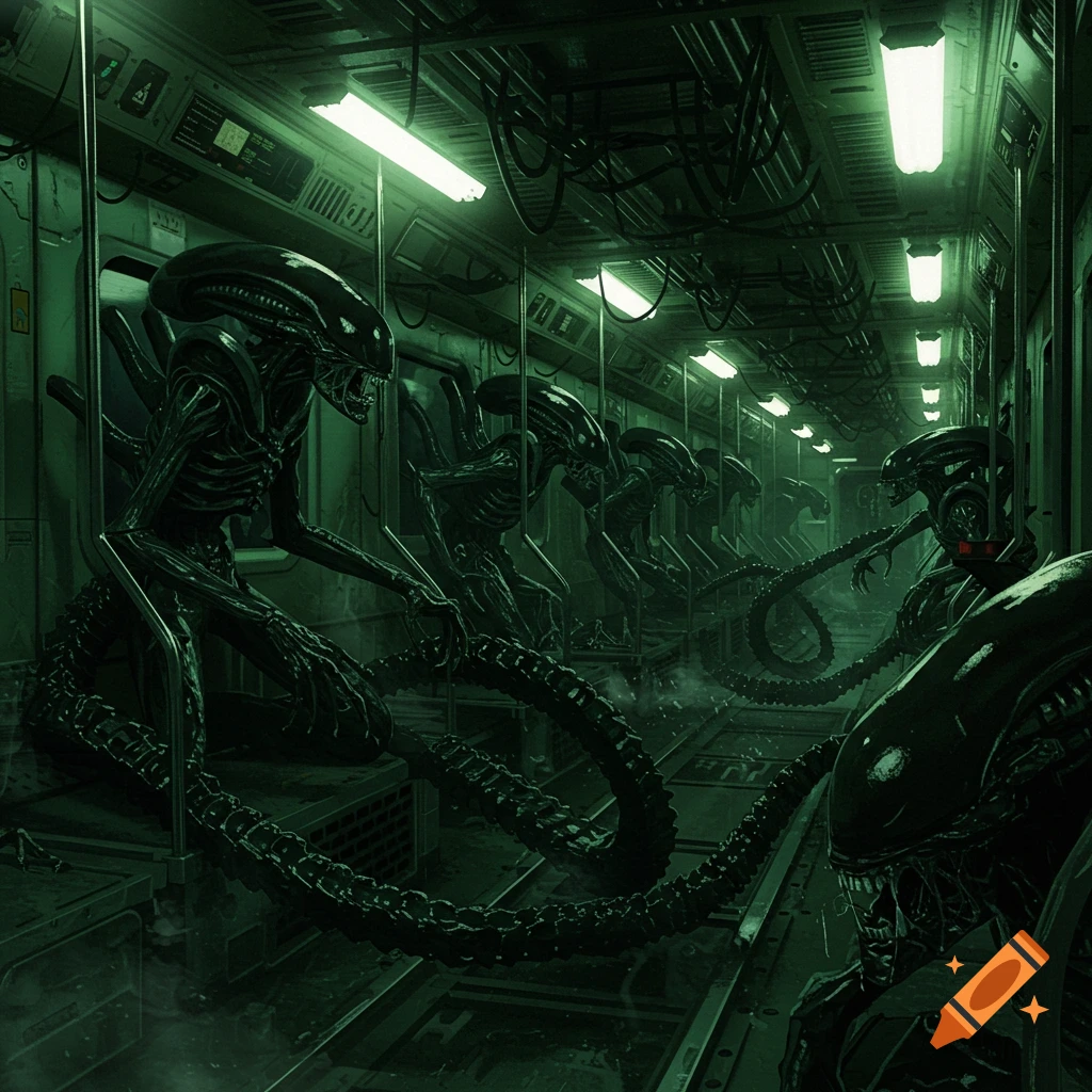 A dark, green-lit train car filled with multiple black, skeletal xenomorphs with long tails, in a sci-fi horror style.