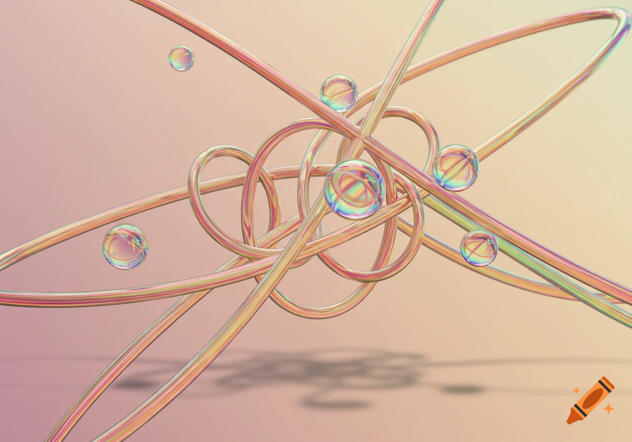 Abstract image of intertwined iridescent lines and colorful bubbles against a soft gradient background.