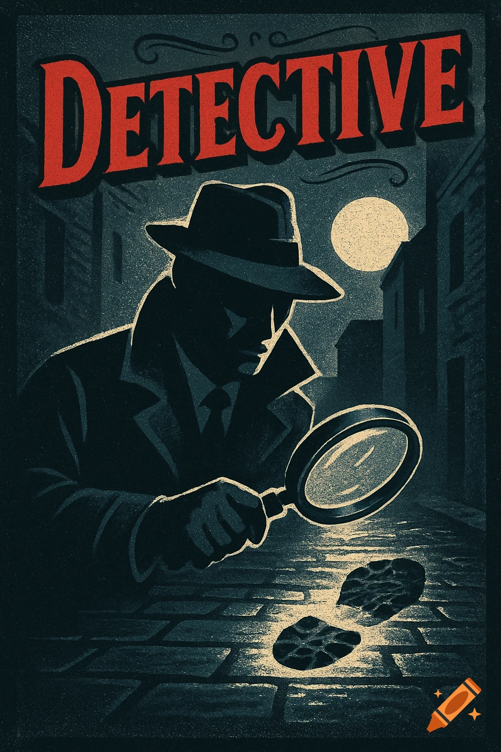Comic art of a shadowy detective in a dark alley at night, using a magnifying glass on a footprint. 'DETECTIVE' text above.