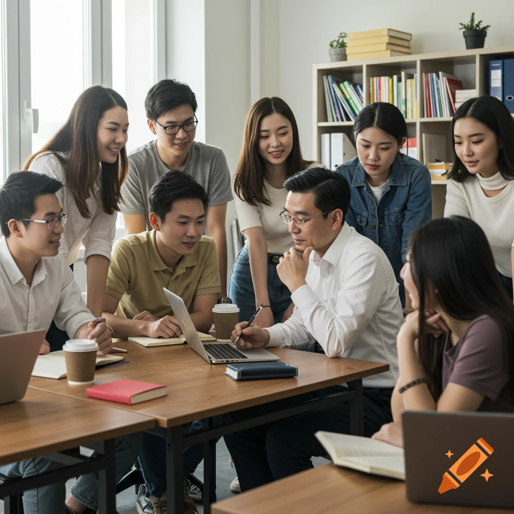 A photorealistic image of a teacher and young adult learners collaborating around a table with laptops and books in a bright office.
