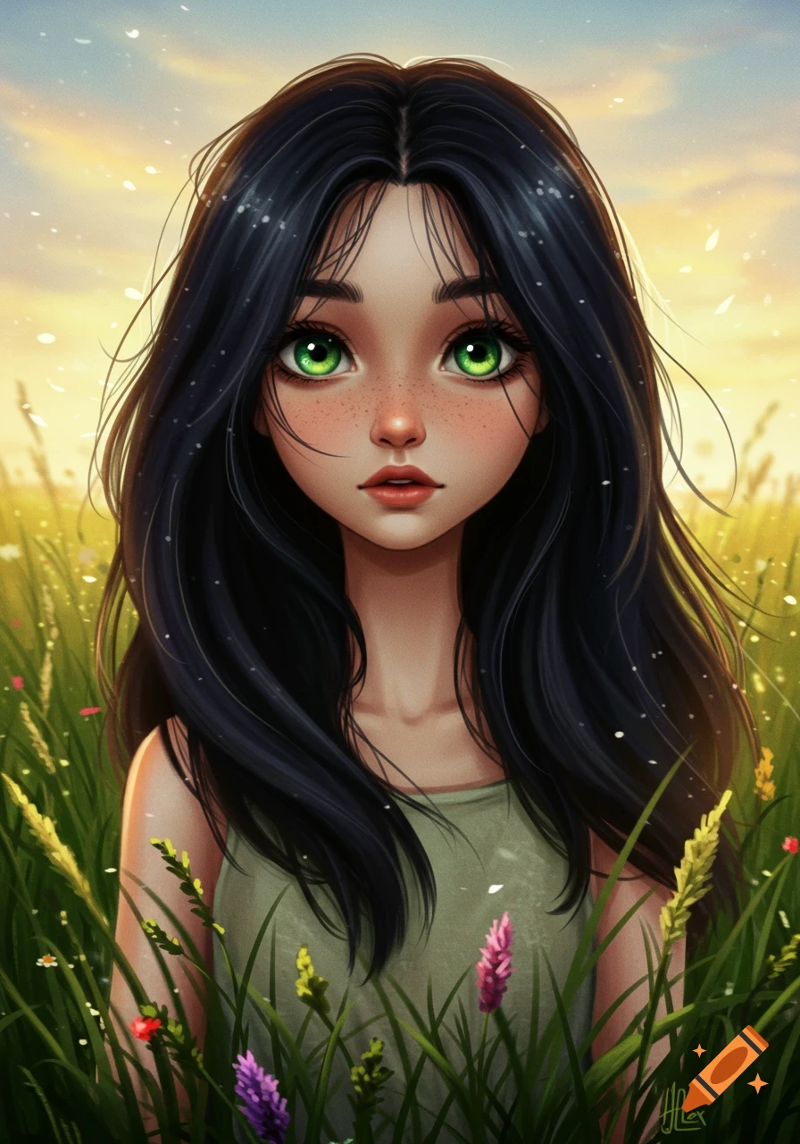 A stylized digital art portrait of a girl with long black hair, green eyes, and freckles, standing in a sunny grassy field.