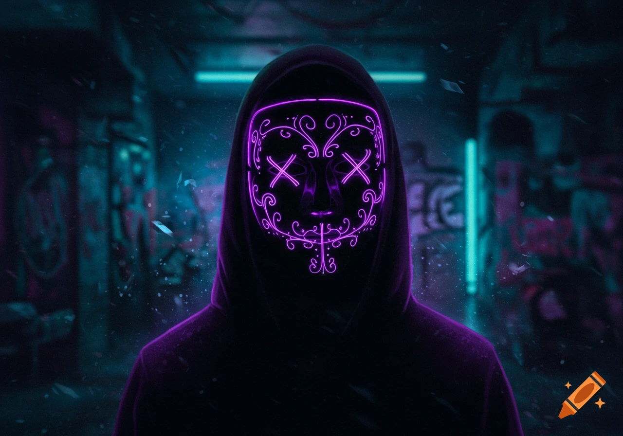 Figure in a dark hoodie wearing a glowing purple neon mask with intricate patterns in a gritty, blue-lit urban alleyway.