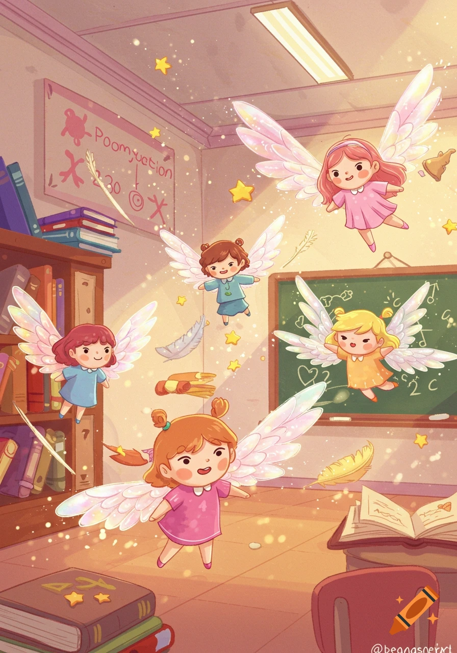 Cute cartoon fairies with sparkling wings fly around a magical classroom, surrounded by floating feathers, stars, and school supplies.