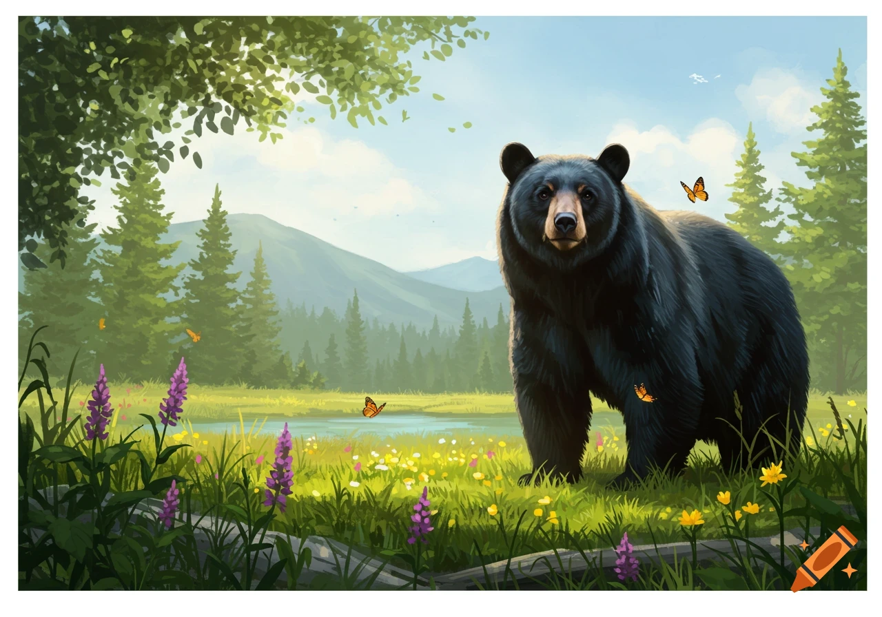 A black bear stands in a vibrant meadow with purple and yellow wildflowers, butterflies, and evergreen trees under a blue sky.
