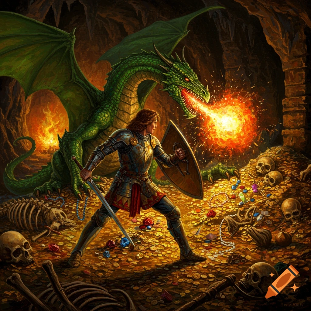 A knight fights a green dragon breathing fire amidst treasure and skeletons in a dark cave, in a heroic fantasy painting.