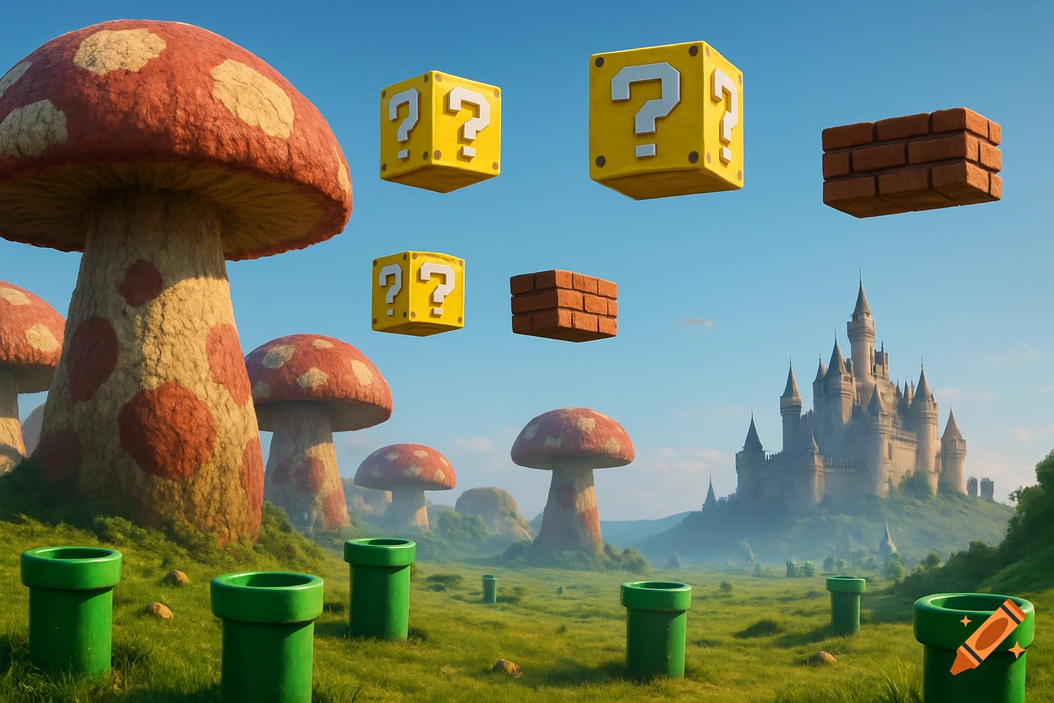 Cinematic Super Mario-inspired landscape with giant mushrooms, green pipes, floating question mark blocks, brick blocks, and a fantasy castle.