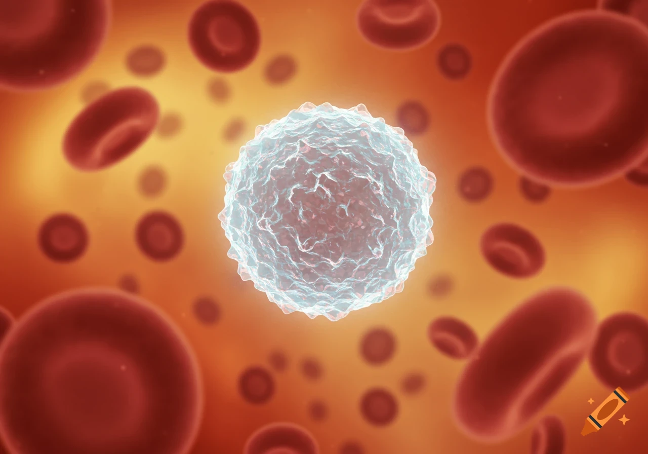 A white blood cell surrounded by red blood cells against a reddish-orange background in a microscopic view.