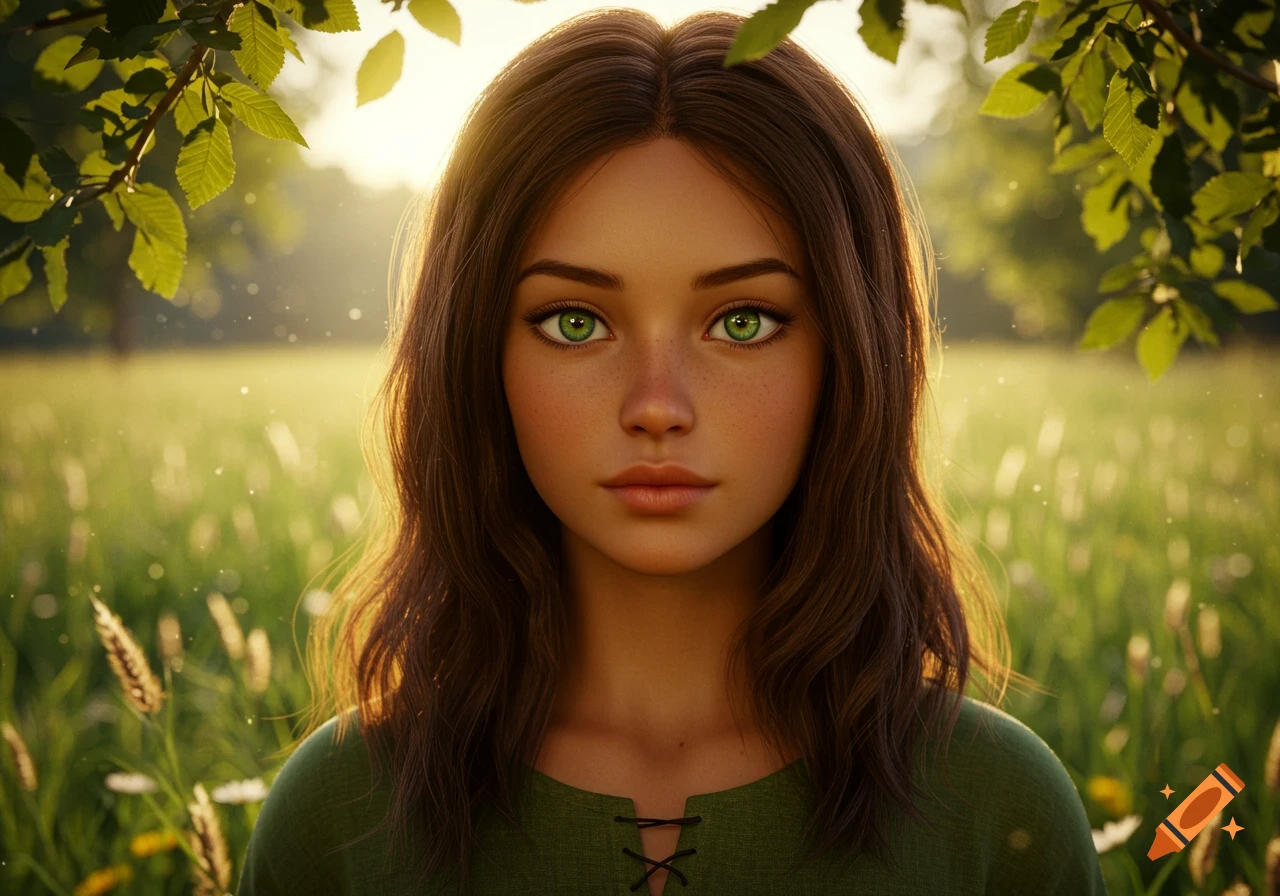 A photorealistic portrait of a girl with brown hair, green eyes, and freckles, wearing a green shirt, standing in a sunny field.