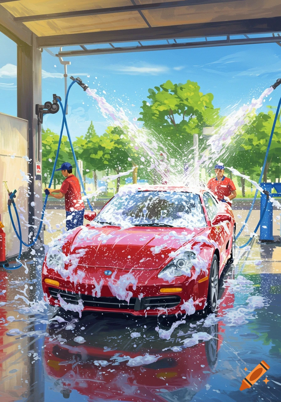 Illustrative scene of two men washing a red sports car with hoses and soap at an outdoor car wash.