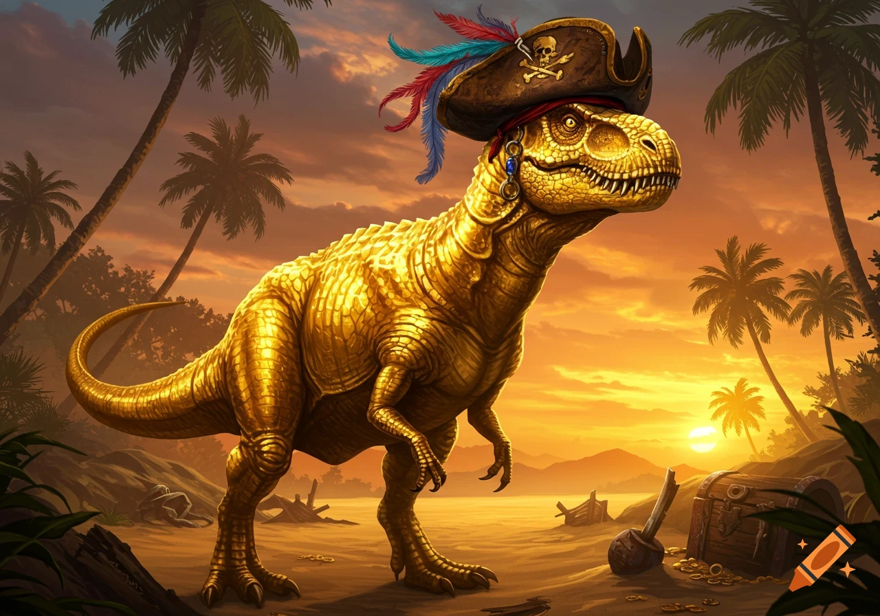 Golden T-Rex wearing a pirate hat and earring on a tropical beach at sunset next to a treasure chest.
