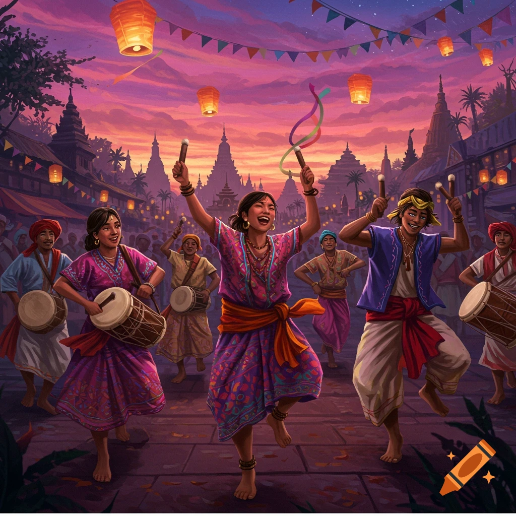 A vibrant illustration of people dancing and playing drums at a festival with lanterns and temples at sunset.