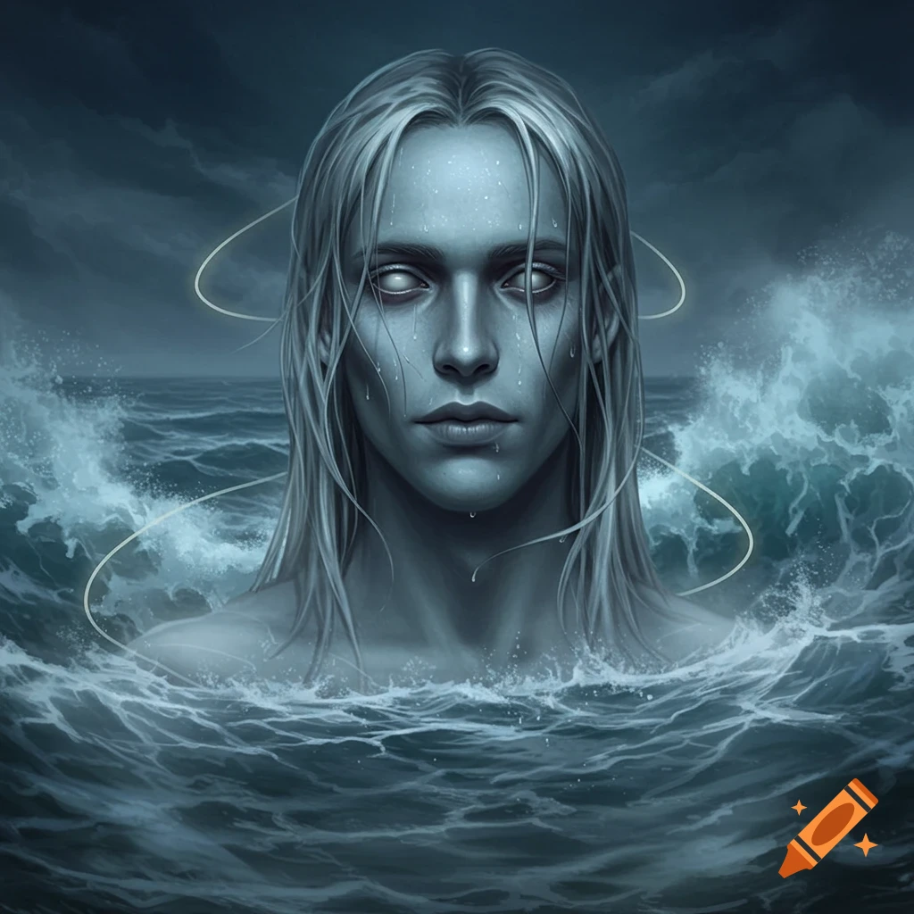 Pale male figure with long wet hair and empty white eyes emerging from dark, stormy ocean waves, fantasy art.